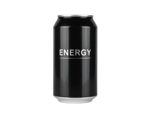 A sleek black energy drink can with a minimalistic design featuring the word "ENERGY" prominently displayed.