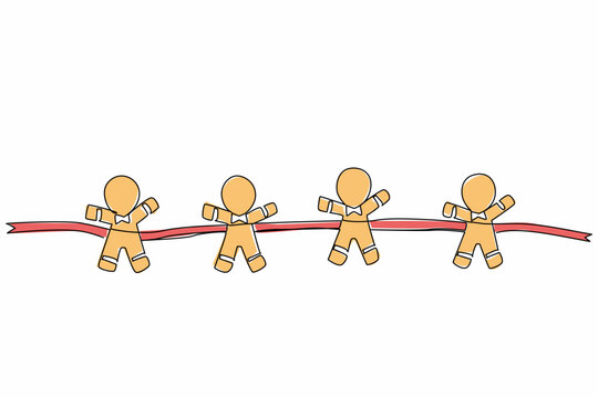 A playful continuous line drawing of gingerbread men cookies arranged on a festive ribbon, symbolizing National Gingerbread Day with a creative food concept holiday design illustration. - Powered by Adobe