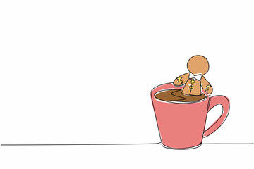 A delightful continuous line drawing of a gingerbread man sitting inside a cup of hot chocolate, celebrating National Gingerbread Day with a cozy food concept holiday illustration.
