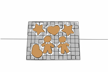 A festive single line drawing of gingerbread cookies shaped as stars, hearts, and people cooling on a rack, designed for National Gingerbread Day with a bakery food concept illustration.