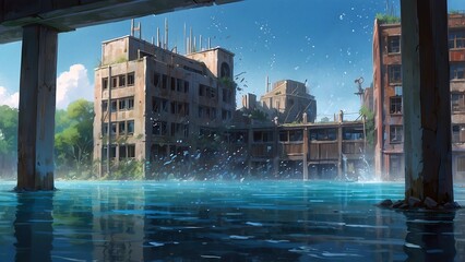 Obraz premium ゲーム背景 温暖化で水没から衰退した街並みの未来遺跡風景
