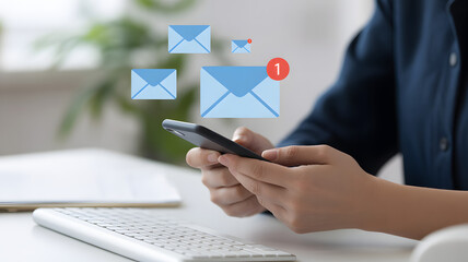 Digital Communication: A close-up shot of a hand holding a smartphone, with digital notifications of a new email, symbolizing the quick access of online information.