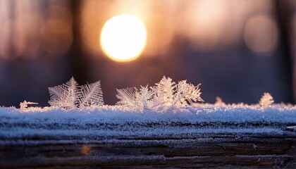Frost Crystals Gently Sitting On Aged Wood Catching Golden Hour Light In A Cold Winter Scene