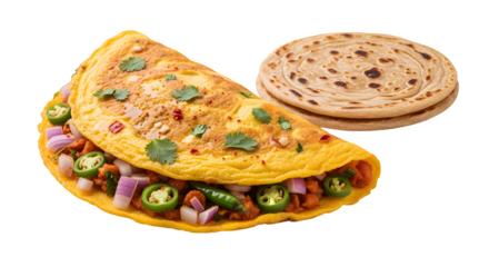 Savory omelet filled with fresh vegetables and spices, served with a flaky flatbread.