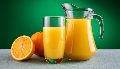 Freshly Squeezed Orange Juice In A Pitcher And Glass With Vibrant Green Background
