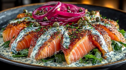 Grilled Salmon with Creamy Dill Sauce and Red Onion Garnish