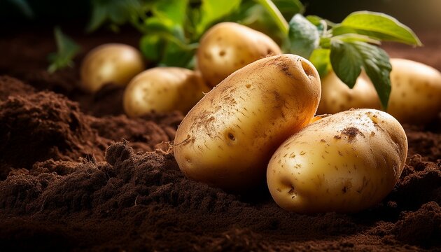 Freshly Harvested Potatoes Emerging From Rich Dark Soil