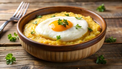Photo of a rustic wooden bowl filled with creamy polenta, topped with a perfectly fried egg and garnished with fresh parsley leaves