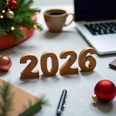 Wooden numbers 2026 on festive desk with christmas decorations coffee and laptop