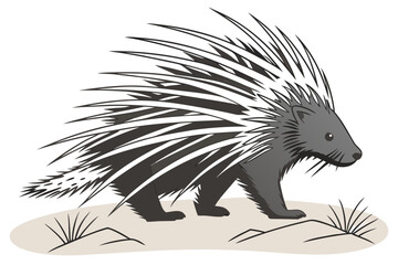 Cartoon porcupine with spiky quills standing on sandy ground
