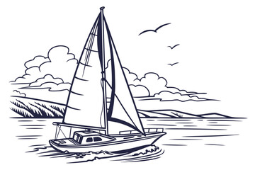Sailboat sailing on the water with seagulls and clouds