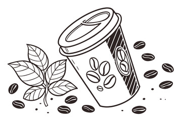 Coffee cup and beans illustration with leaves
