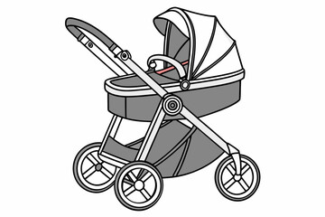 Modern gray baby pram with canopy and wheels