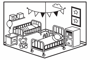 Nursery room with two cribs and baby items