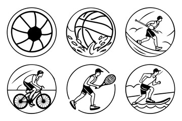 Circular sports icons featuring athletes and equipment