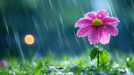 Vibrant pink flower thrives in gentle rain shower, showcasing nature's resilience and beauty.