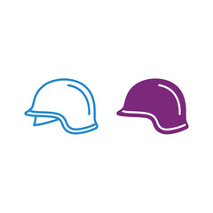 Fototapeta premium Two minimalist helmet icons, one blue outline and one solid purple, representing safety and protection.