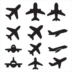 Set of airplane icons and silhouettes for travel and aviation vector design