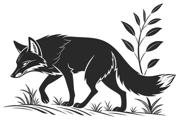 Stylized black fox walking through grass and leaves