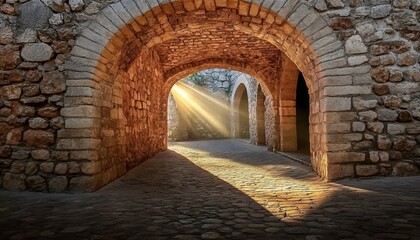 Ancient Stone Archway Tunnel with Sunlight Streaming Through, Illuminating the Mystical Path Ahead