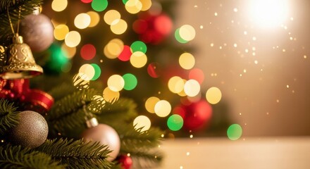 Obraz premium Beautiful Christmas Tree Decorated With Ornaments Lights And Bokeh Background Effect