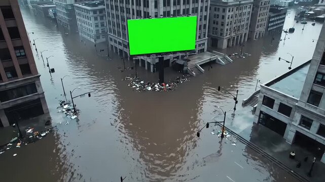 Aerial view of a post-apocalyptic city submerged in floodwaters, featuring a large blank green screen billboard for compositing