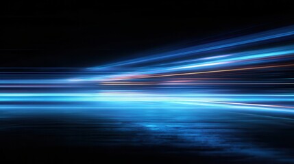 Blue and orange light streaks on a black background with a reflective surface. Good for abstract concepts, speed, futuristic themes and technology projects.