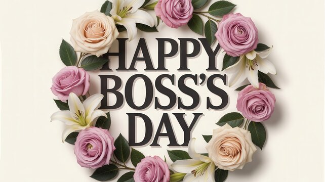 Elegant floral wreath surrounds 'Happy Boss's Day' message, perfect for professional appreciation - Powered by Adobe