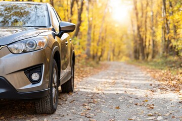 A gold-colored SUV is parked on a leaf-strewn dirt road, surrounded by a forest of vibrant autumn trees under a bright sun.