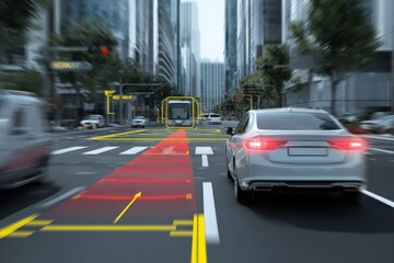 Advanced traffic systems are actively monitoring vehicle movements in a bustling city. Cars navigate busy streets, while smart signals optimize flow and enhance safety