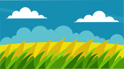 Cartoon field with clouds and blue sky