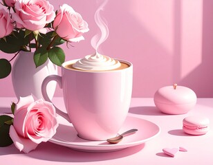 Hot caffeinated drink with milk cream, feminine, pastel pink, floral composition, morning coffee