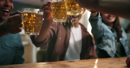 Fans, cheers and friends with beer in pub, laughing or celebration for sport win, together or night. Evening, German flag and man with face paint, flare or people with alcohol, toast and soccer match - Powered by Adobe