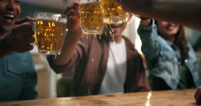 Fans, cheers and friends with beer in pub, laughing or celebration for sport win, together or night. Evening, German flag and man with face paint, flare or people with alcohol, toast and soccer match