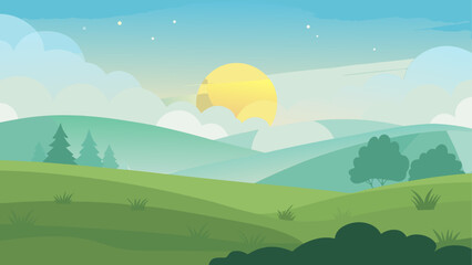 Fototapeta premium Cartoon landscape with sun and green hills