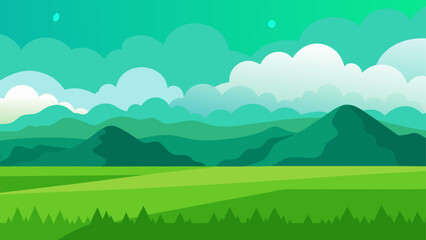 Obraz premium Green landscape with hills and cloudy sky