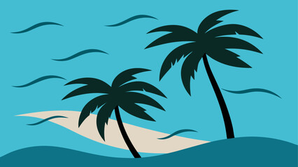 Two palm trees on a beach with blue sky