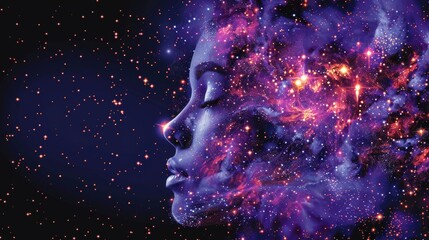 Surreal cosmic art of a nebula formed into a human silhouette with glowing stars and galaxies