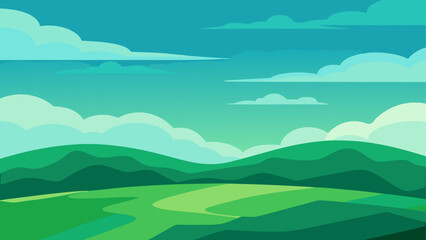 Cartoon landscape with green hills and sky