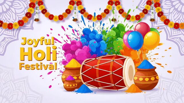 Vibrant Holi festival scene with colorful powders, traditional drum, and festive balloons celebrating joy and culture
