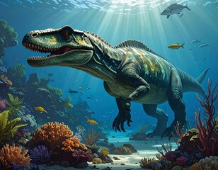 Underwater prehistoric adventure: Dinosaur explores vibrant coral reef ecosystem