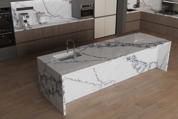 Interior of studio apartment, kitchen and dining area, double ovens and refrigerator, white ceramic countertops, gray shelves for additional storage, wooden floor. 3D Illustrations. 3D Rendering