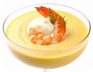 Elegant Gourmet Prawn Cocktail in Golden Cream Soup with Rosemary Garnish Isolated on White.