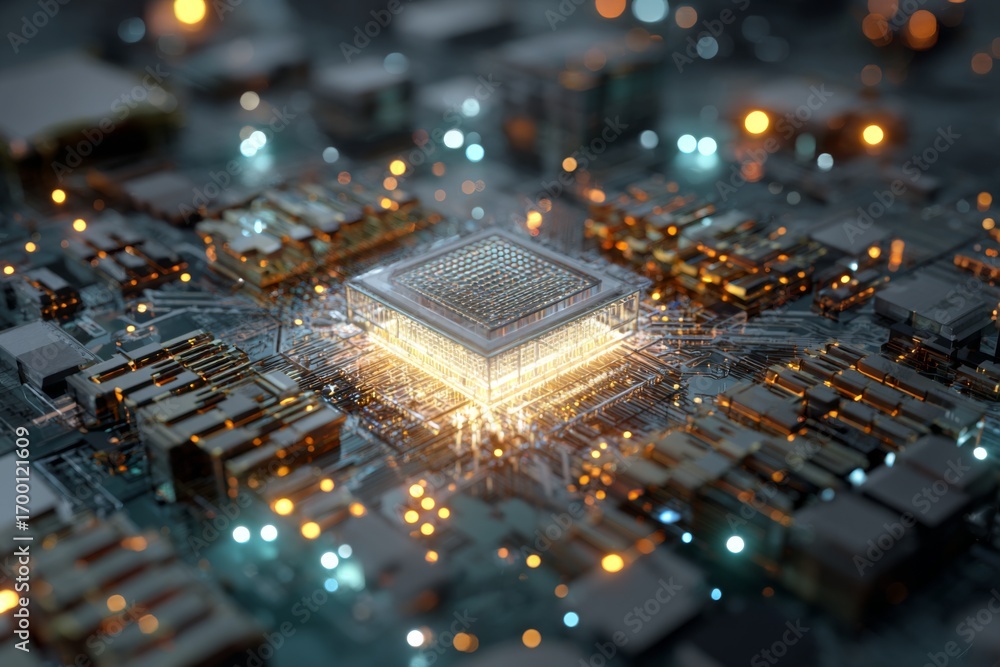Poster a complex arrangement of circuit components features an illuminated microchip at the center, highlig