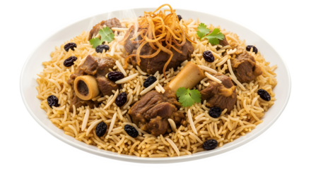 Delectable lamb biryani served on a white plate, a flavorful and aromatic rice dish.