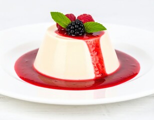 Elegant Panna Cotta with Dripping Red Berry Coulis Fresh Berries and Mint Garnish.