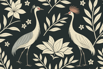 Fototapeta premium Two grey crowned cranes and stylized floral elements on a dark background bird flower