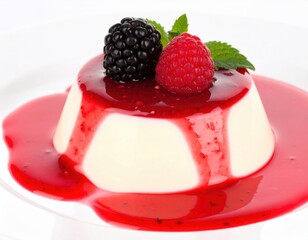 Elegant Panna Cotta with Dripping Red Berry Coulis Fresh Blackberry and Raspberry.