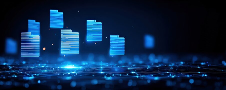 A futuristic digital landscape featuring floating blue folders, symbolizing data management and technology, illuminated against a dark background.
