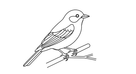 A detailed black and white line drawing of a small bird perched on a branch.